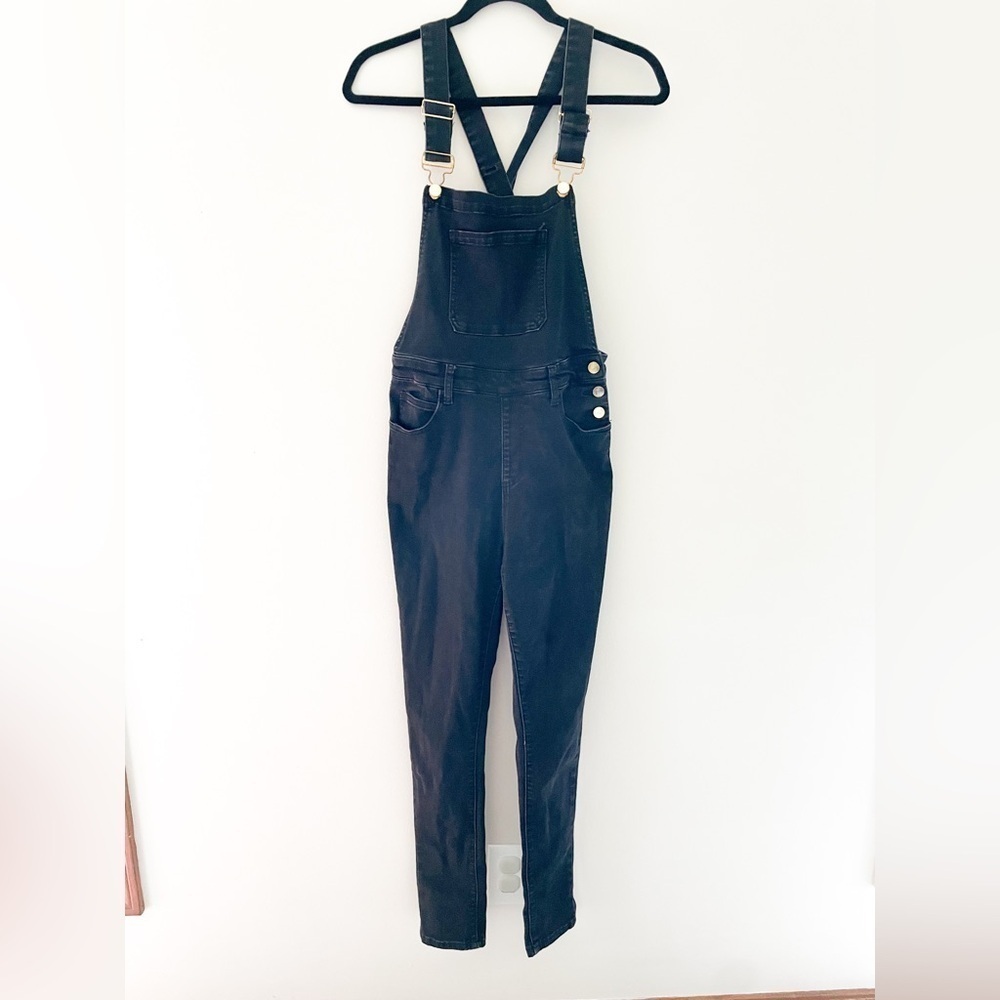 Revolve WeWoreWhat High Rise Skinny Overalls in Black Size M Stretch Gold Button - Picture 4 of 10